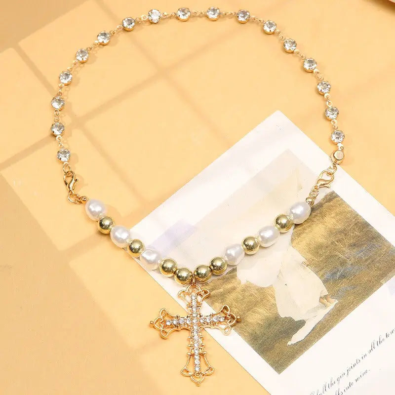 Bling Cross Pendant Necklaces for Women Girl Gift Wedding Neck Jewelry Goth Pearl Necklace nowadaysfashion