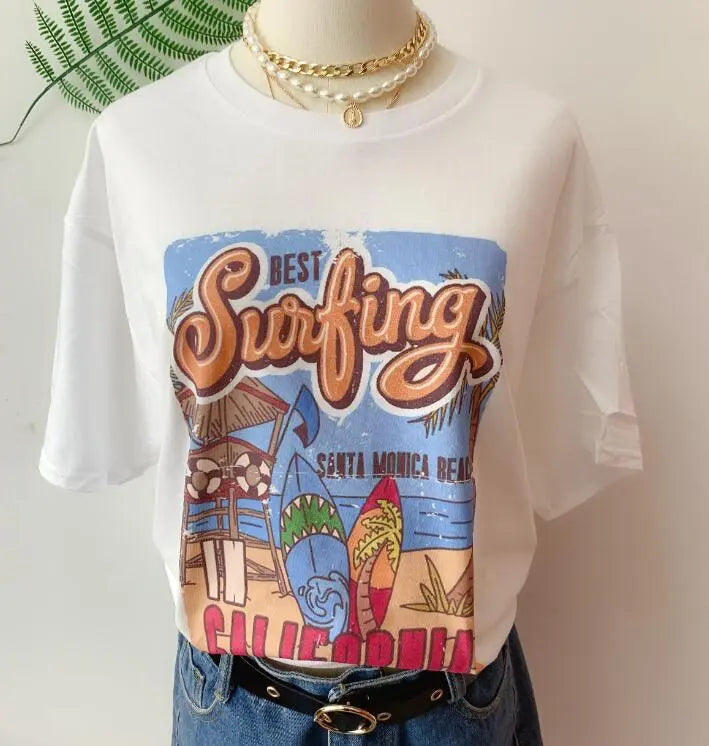 1pcs WHITE Tees Summer Casual Oversized Tee Best Surfing Santa Monica California Womens Retro Style - Blade & Thread