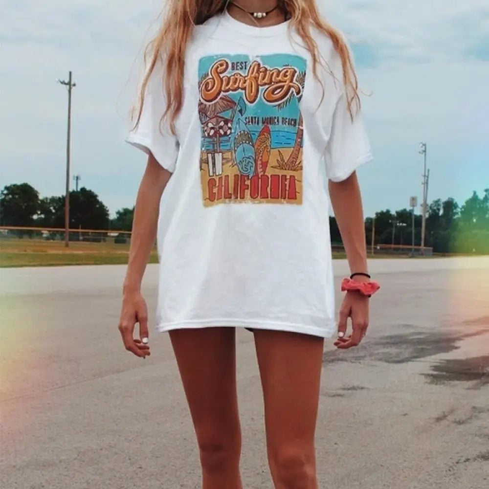 1pcs WHITE Tees Summer Casual Oversized Tee Best Surfing Santa Monica California Womens Retro Style nowadaysfashion