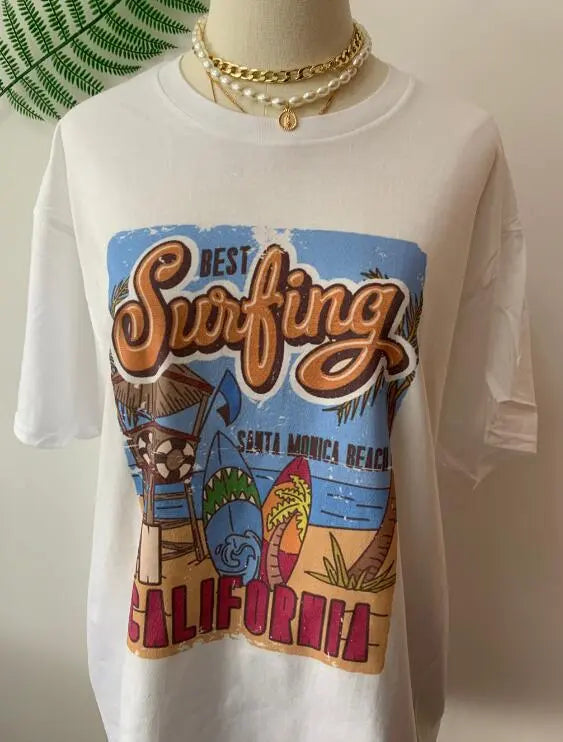 1pcs WHITE Tees Summer Casual Oversized Tee Best Surfing Santa Monica California Womens Retro Style - Blade & Thread