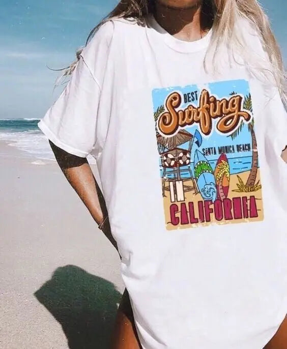 1pcs WHITE Tees Summer Casual Oversized Tee Best Surfing Santa Monica California Womens Retro Style - Blade & Thread