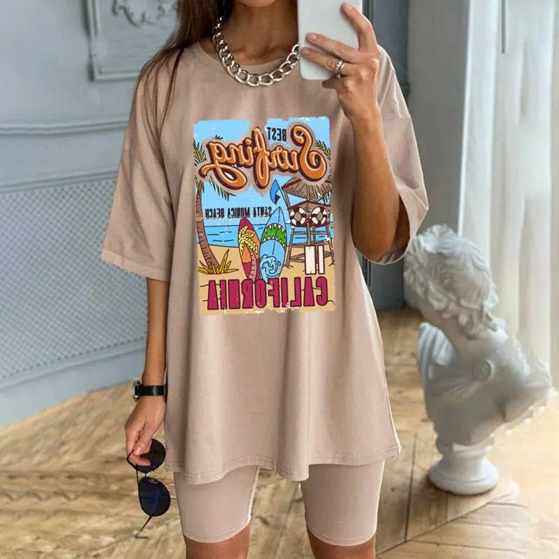 1pcs WHITE Tees Summer Casual Oversized Tee Best Surfing Santa Monica California Womens Retro Style - Blade & Thread