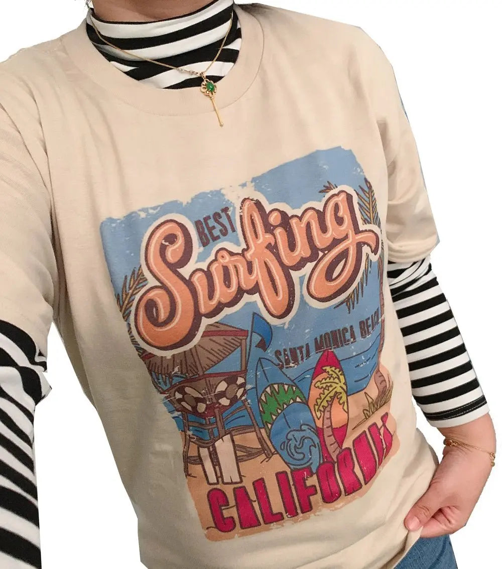 1pcs WHITE Tees Summer Casual Oversized Tee Best Surfing Santa Monica California Womens Retro Style - Blade & Thread