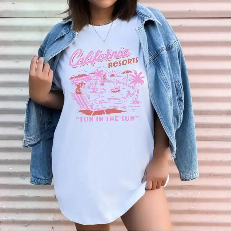 1pcs WHITE Tees Summer Casual Oversized Tee Best Surfing Santa Monica California Womens Retro Style - Blade & Thread