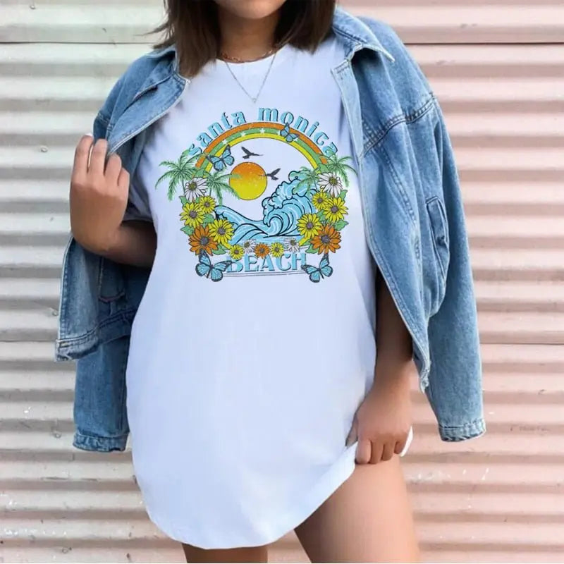 1pcs WHITE Tees Summer Casual Oversized Tee Best Surfing Santa Monica California Womens Retro Style - Blade & Thread