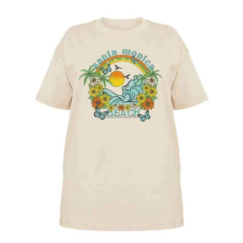 1pcs WHITE Tees Summer Casual Oversized Tee Best Surfing Santa Monica California Womens Retro Style - Blade & Thread