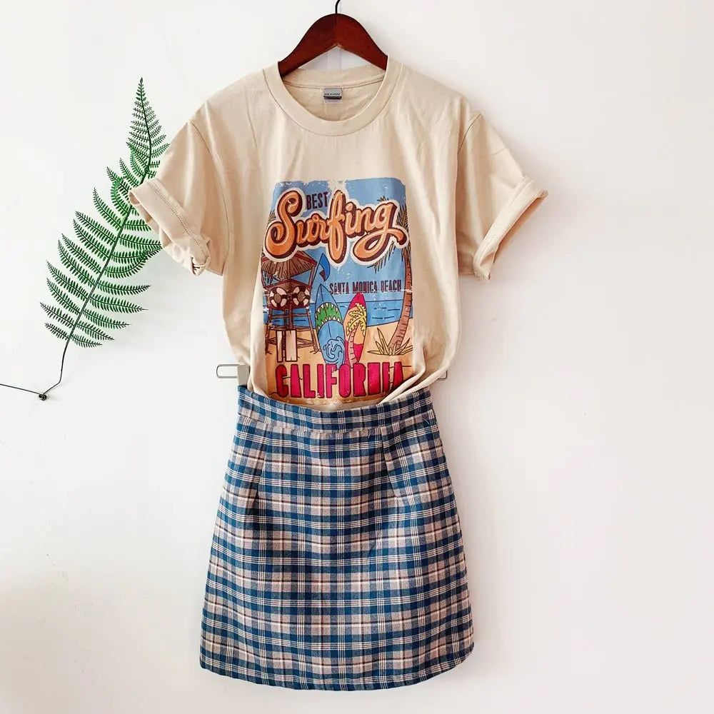 1pcs WHITE Tees Summer Casual Oversized Tee Best Surfing Santa Monica California Womens Retro Style - Blade & Thread