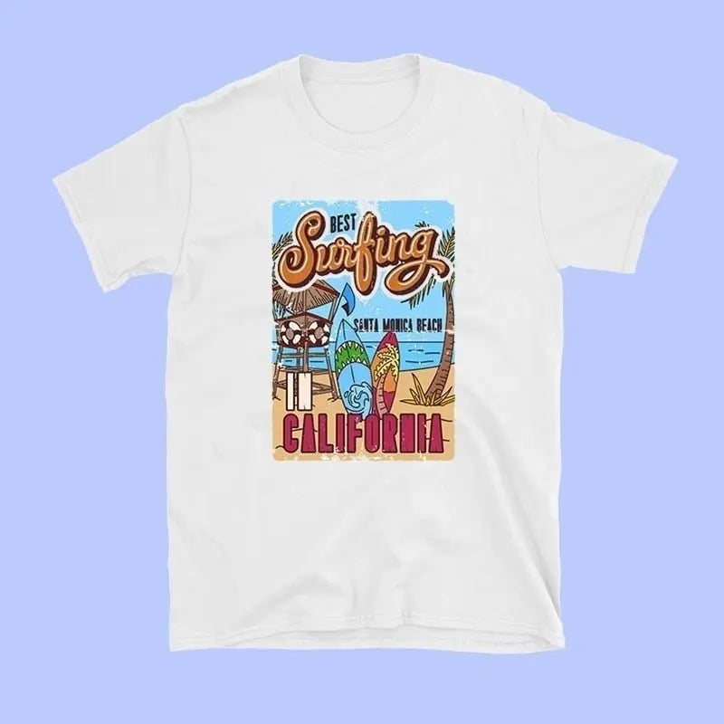 1pcs WHITE Tees Summer Casual Oversized Tee Best Surfing Santa Monica California Womens Retro Style - Blade & Thread