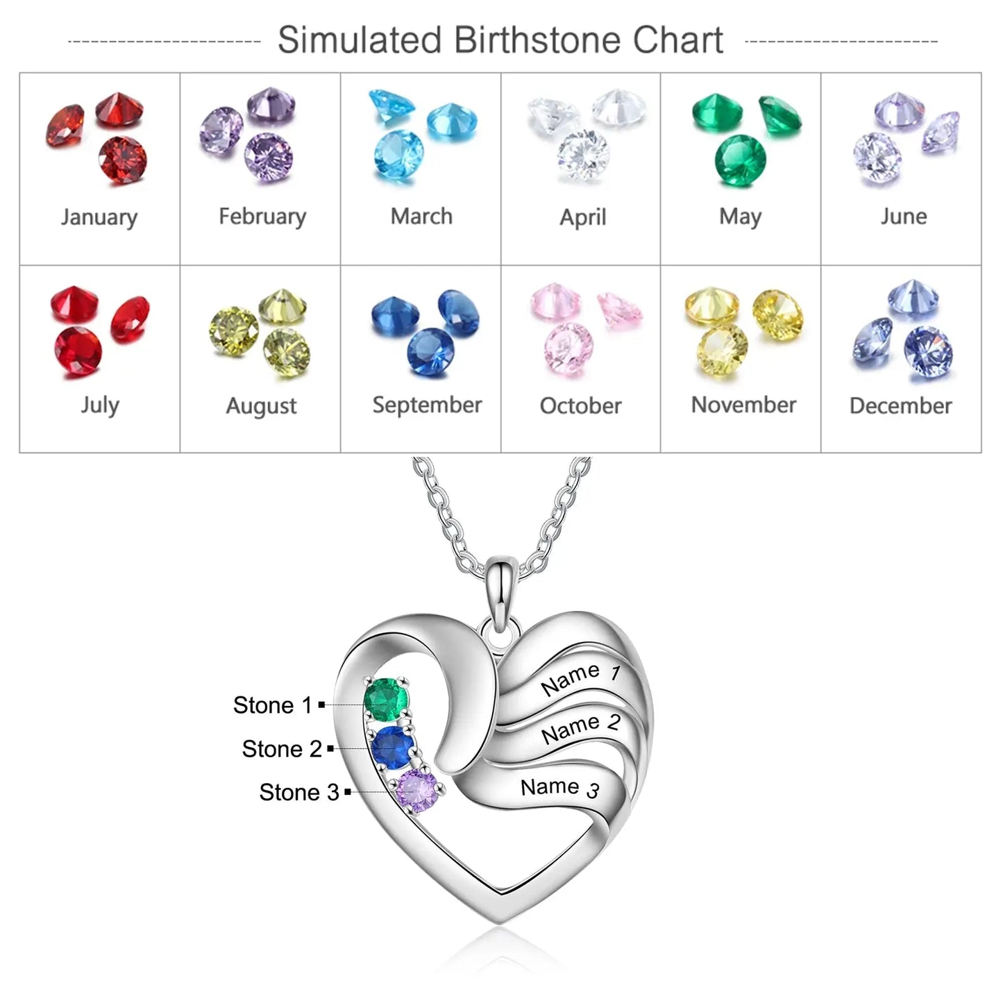 2-5 Names Customized Birthstone Fashion Memorial Heart Necklace - Blade & Thread