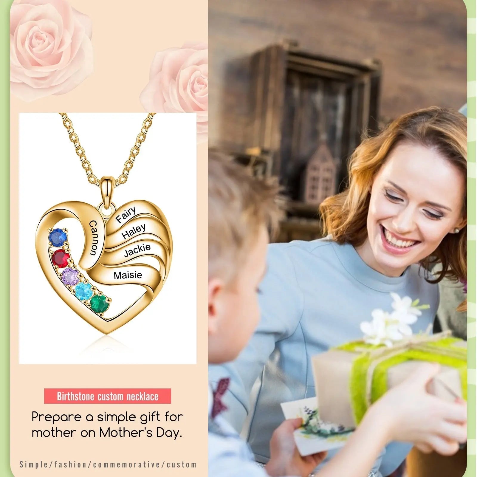 2-5 Names Customized Birthstone Fashion Memorial Heart Necklace nowadaysfashion