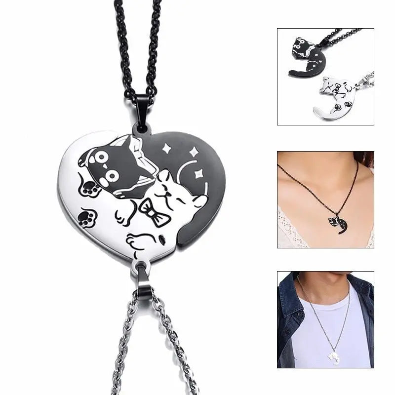 2 Pcs/Set Cute Cat Dog Shape Heart Puzzle Couples Necklaces Pendants Lover Promise Keepsake Gifts - Blade & Thread