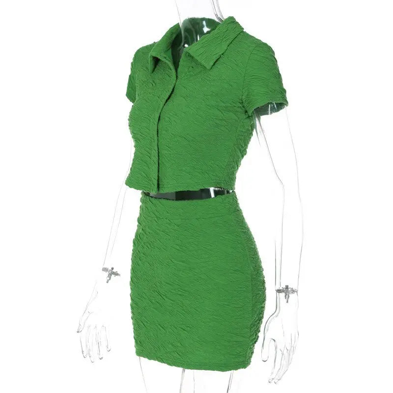 2 Piece Set Short Sleeve Crop Top Shirts Blouse Mini Skirt Suit - Blade & Thread