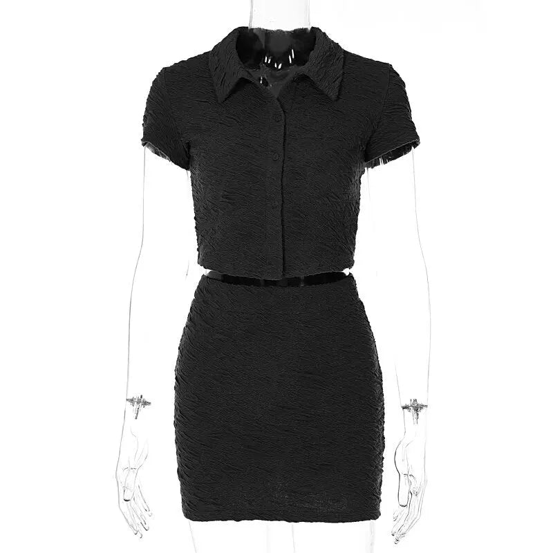 2 Piece Set Short Sleeve Crop Top Shirts Blouse Mini Skirt Suit - Blade & Thread
