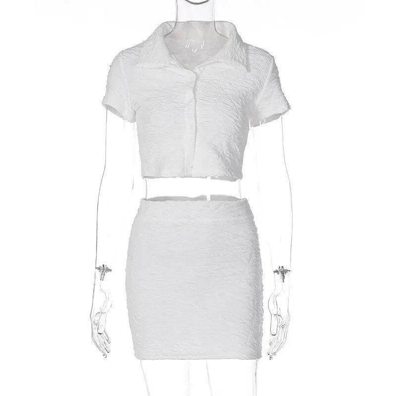 2 Piece Set Short Sleeve Crop Top Shirts Blouse Mini Skirt Suit - Blade & Thread