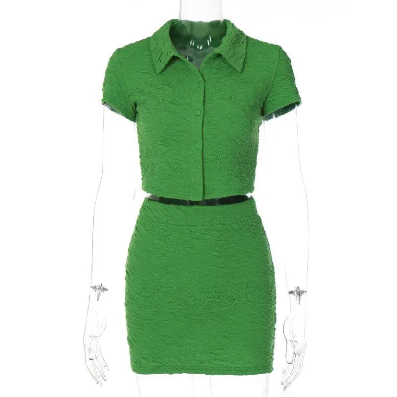 2 Piece Set Short Sleeve Crop Top Shirts Blouse Mini Skirt Suit - Blade & Thread