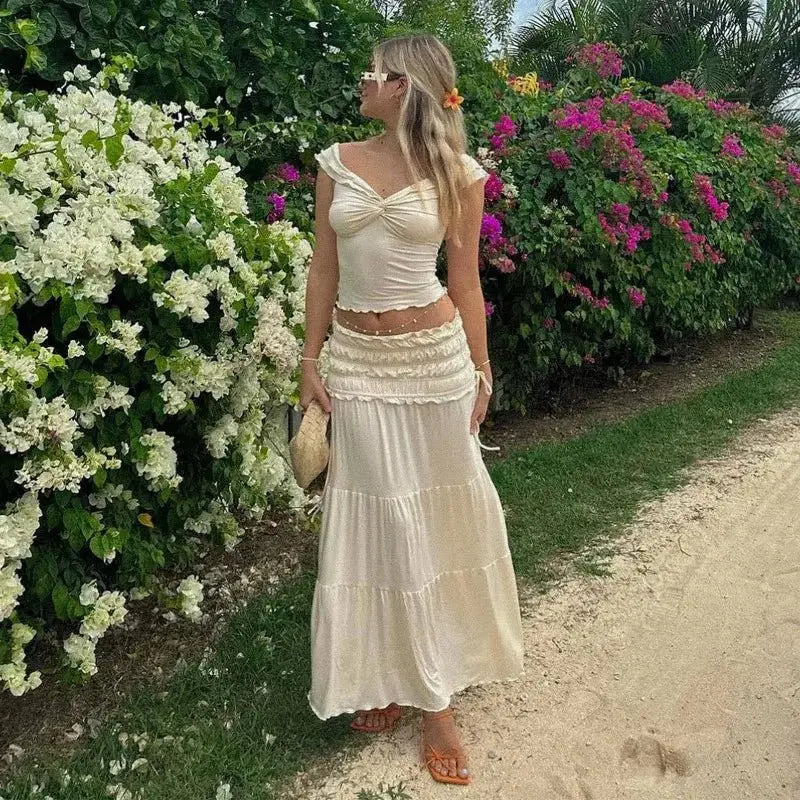 2 Piece Set Women Vacation Ruffle Beach Holiday Outfits - Blade & Thread