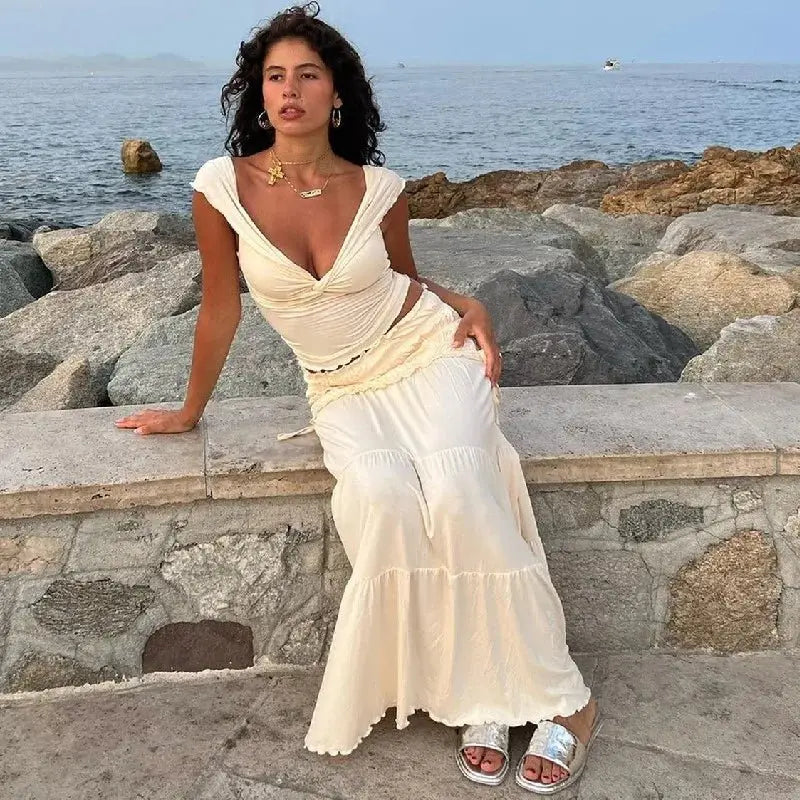 2 Piece Set Women Vacation Ruffle Beach Holiday Outfits - Blade & Thread