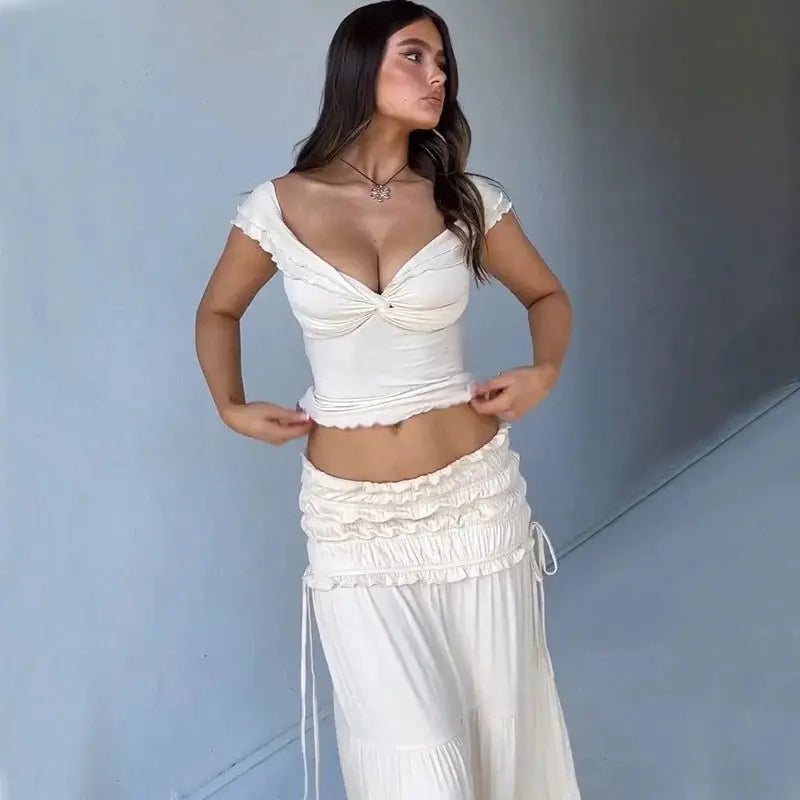 2 Piece Set Women Vacation Ruffle Beach Holiday Outfits - Blade & Thread