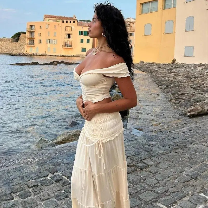 2 Piece Set Women Vacation Ruffle Beach Holiday Outfits - Blade & Thread