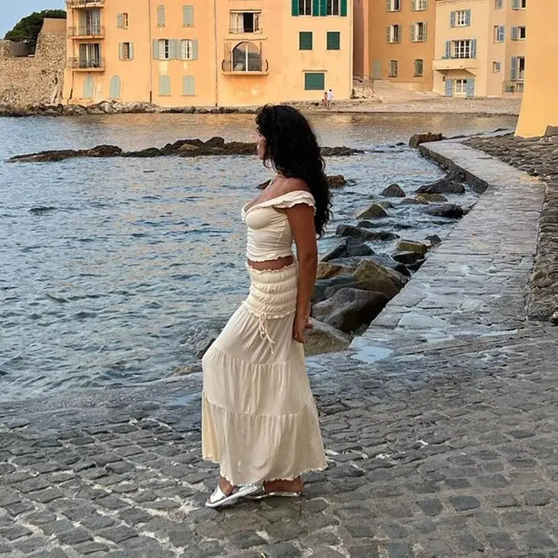 2 Piece Set Women Vacation Ruffle Beach Holiday Outfits - Blade & Thread