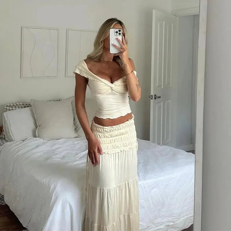 2 Piece Set Women Vacation Ruffle Beach Holiday Outfits - Blade & Thread
