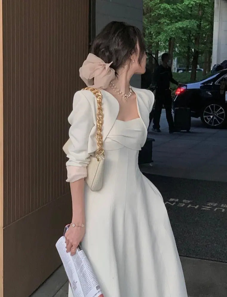 2 Pieces Dress Set O-neck Full Sleeve Short Jacket & Spaghetti Strap Dresses nowadaysfashion