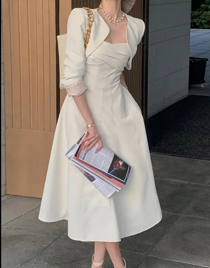 2 Pieces Dress Set O-neck Full Sleeve Short Jacket & Spaghetti Strap Dresses - Blade & Thread