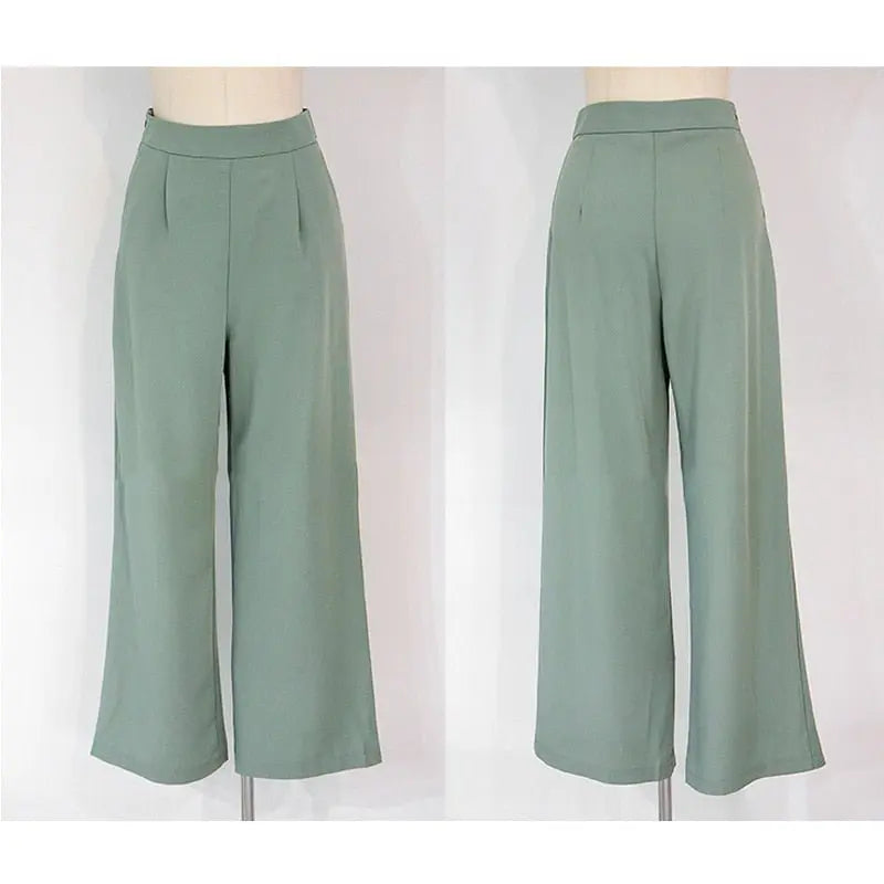 2 Pieces Set Women V-neck Lace Up Tops & High Waist Wide Leg Pants OL Style nowadaysfashion