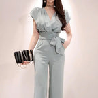 2 Pieces Set Women V-neck Lace Up Tops & High Waist Wide Leg Pants OL Style nowadaysfashion