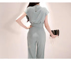 2 Pieces Set Women V-neck Lace Up Tops & High Waist Wide Leg Pants OL Style nowadaysfashion