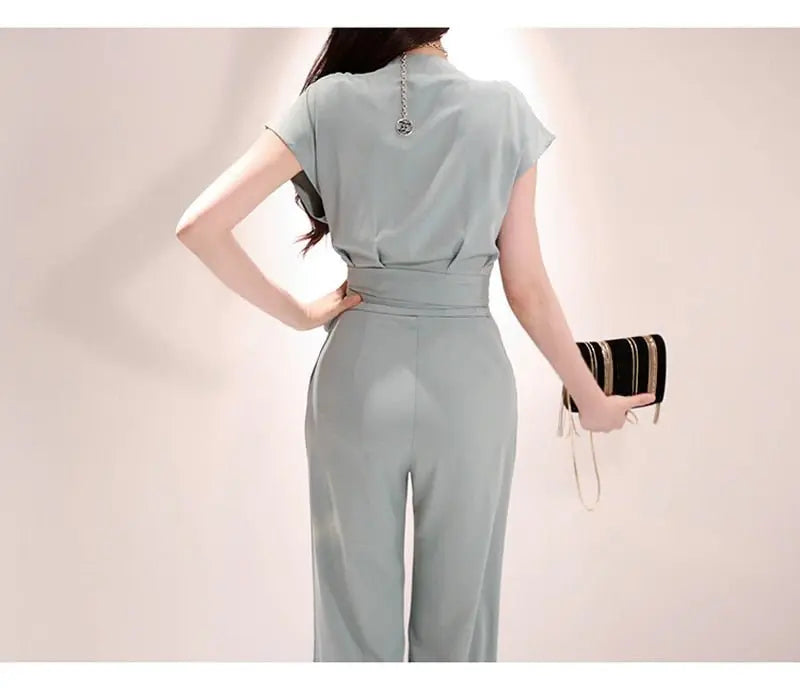 2 Pieces Set Women V-neck Lace Up Tops & High Waist Wide Leg Pants OL Style nowadaysfashion