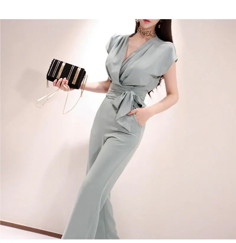 2 Pieces Set Women V-neck Lace Up Tops & High Waist Wide Leg Pants OL Style - Blade & Thread