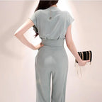 2 Pieces Set Women V-neck Lace Up Tops & High Waist Wide Leg Pants OL Style nowadaysfashion