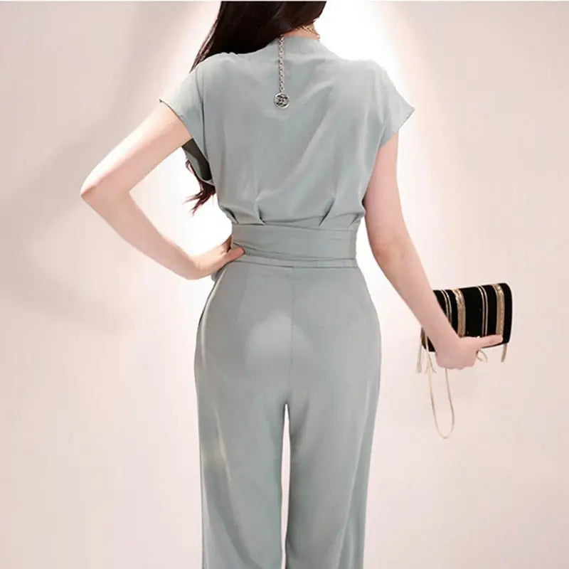 2 Pieces Set Women V-neck Lace Up Tops & High Waist Wide Leg Pants OL Style - Blade & Thread