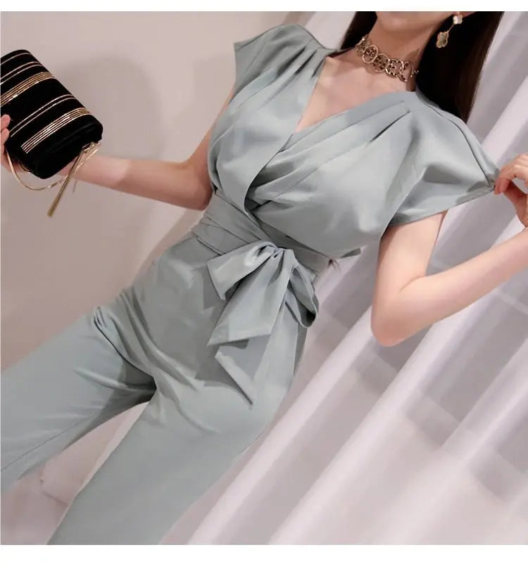 2 Pieces Set Women V-neck Lace Up Tops & High Waist Wide Leg Pants OL Style nowadaysfashion