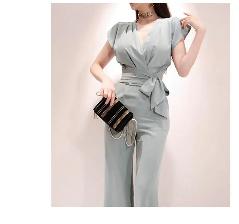 2 Pieces Set Women V-neck Lace Up Tops & High Waist Wide Leg Pants OL Style - Blade & Thread