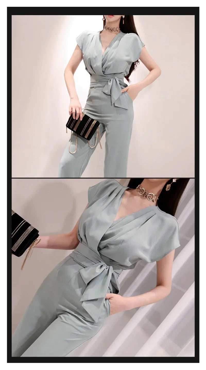 2 Pieces Set Women V-neck Lace Up Tops & High Waist Wide Leg Pants OL Style - Blade & Thread