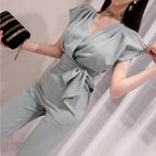2 Pieces Set Women V-neck Lace Up Tops & High Waist Wide Leg Pants OL Style nowadaysfashion