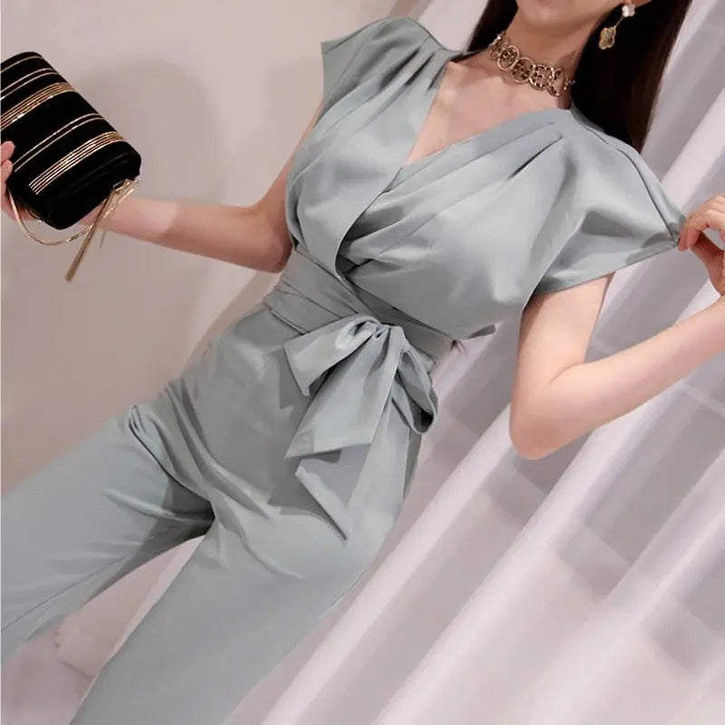 2 Pieces Set Women V-neck Lace Up Tops & High Waist Wide Leg Pants OL Style - Blade & Thread