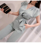 2 Pieces Set Women V-neck Lace Up Tops & High Waist Wide Leg Pants OL Style nowadaysfashion