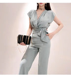 2 Pieces Set Women V-neck Lace Up Tops & High Waist Wide Leg Pants OL Style nowadaysfashion