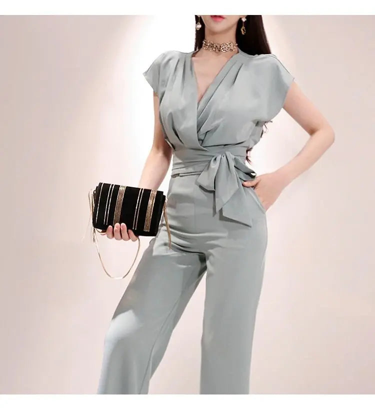 2 Pieces Set Women V-neck Lace Up Tops & High Waist Wide Leg Pants OL Style - Blade & Thread