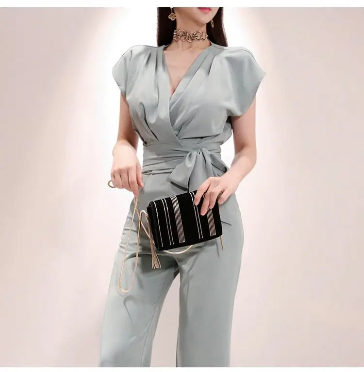 2 Pieces Set Women V-neck Lace Up Tops & High Waist Wide Leg Pants OL Style - Blade & Thread