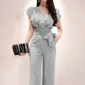 2 Pieces Set Women V-neck Lace Up Tops & High Waist Wide Leg Pants OL Style nowadaysfashion