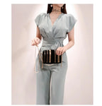 2 Pieces Set Women V-neck Lace Up Tops & High Waist Wide Leg Pants OL Style nowadaysfashion