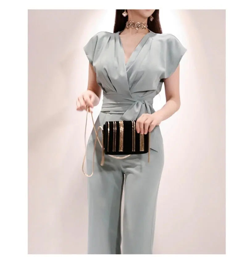 2 Pieces Set Women V-neck Lace Up Tops & High Waist Wide Leg Pants OL Style - Blade & Thread