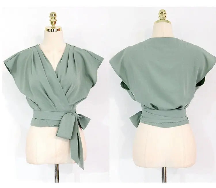 2 Pieces Set Women V-neck Lace Up Tops & High Waist Wide Leg Pants OL Style - Blade & Thread