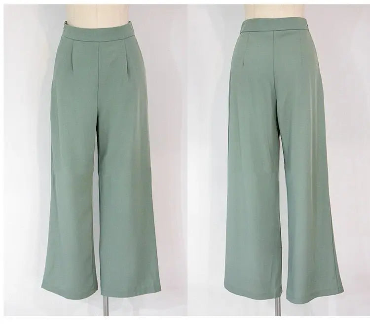 2 Pieces Set Women V-neck Lace Up Tops & High Waist Wide Leg Pants OL Style - Blade & Thread
