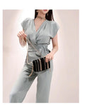 2 Pieces Set Women V-neck Lace Up Tops & High Waist Wide Leg Pants OL Style nowadaysfashion