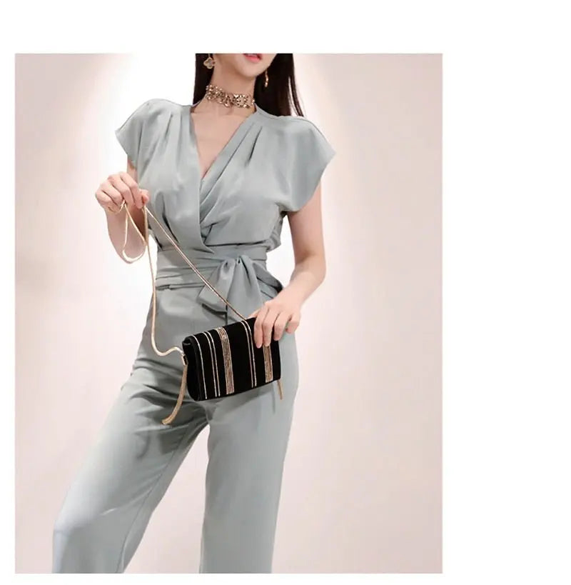 2 Pieces Set Women V-neck Lace Up Tops & High Waist Wide Leg Pants OL Style - Blade & Thread